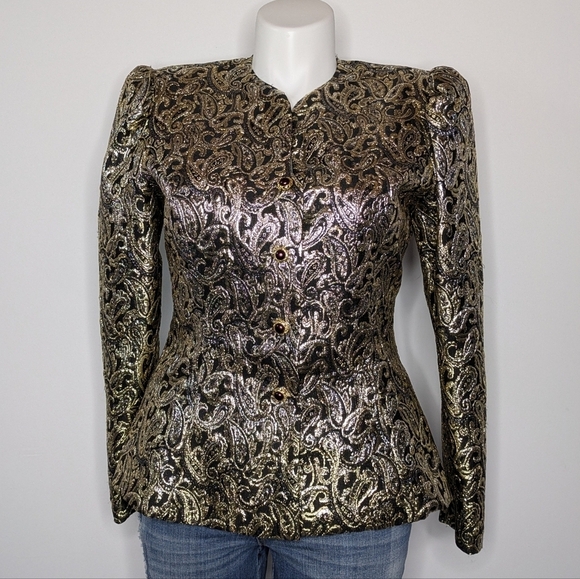 Vintage Jackets & Blazers - Vintage Neiman Marcus Black Gold Ornate Paisley Button Up Dress Jacket 14